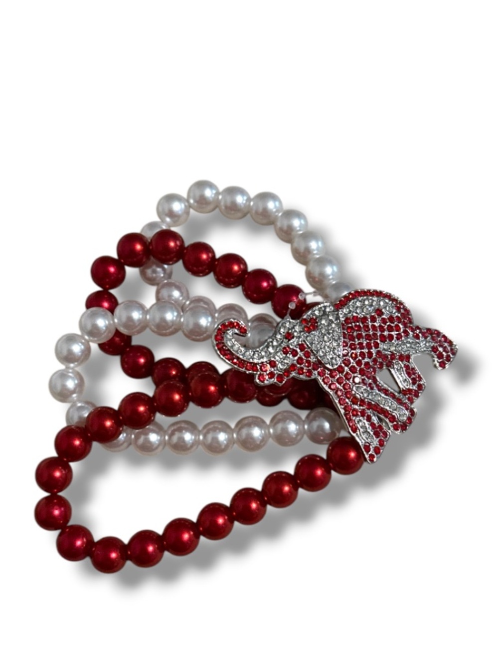 Delta Sigma Theta Pearl and Red Bead Elephant Charm Stretch Bracelet